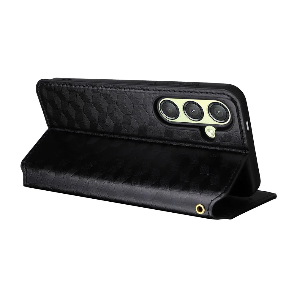 For Samsung Galaxy S25 Case Wallet Rhombus Imprinted Leather Phone Cover - Black - 4