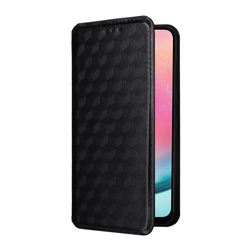 For Samsung Galaxy S25 Case Wallet Rhombus Imprinted Leather Phone Cover - Black - 5