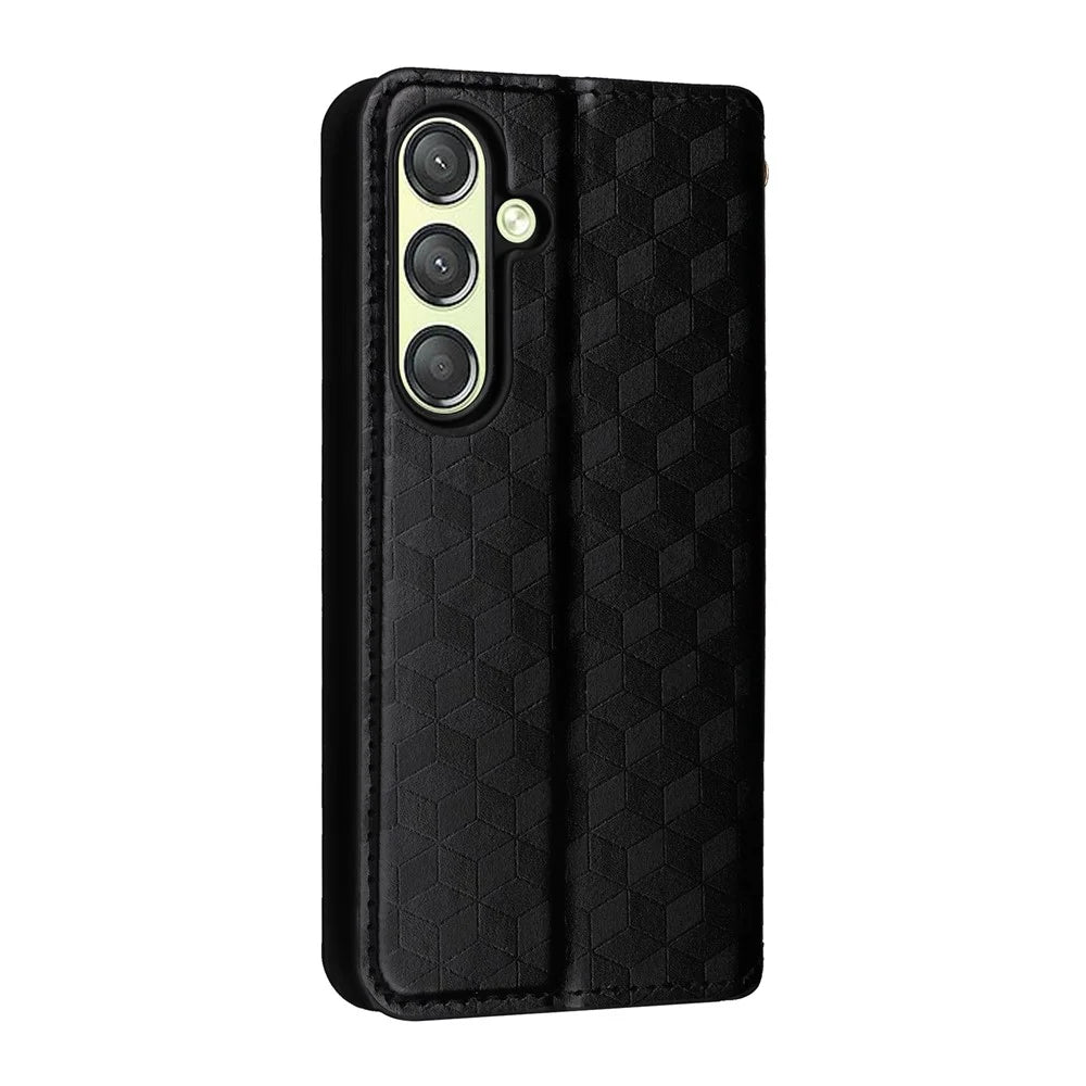 For Samsung Galaxy S25 Case Wallet Rhombus Imprinted Leather Phone Cover - Black - 6