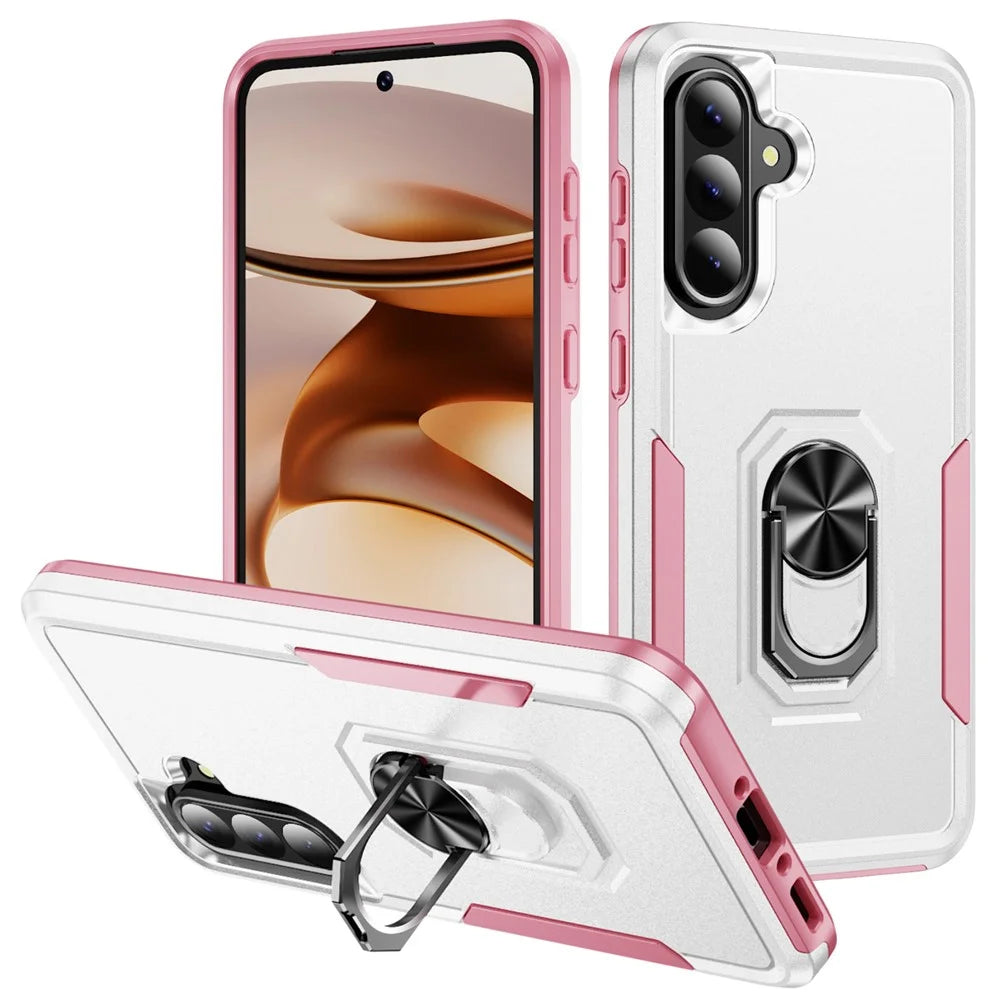 For Samsung Galaxy A36 5G Case Military Grade Ring Kickstand PC+TPU Phone Cover - White+Pink - 1