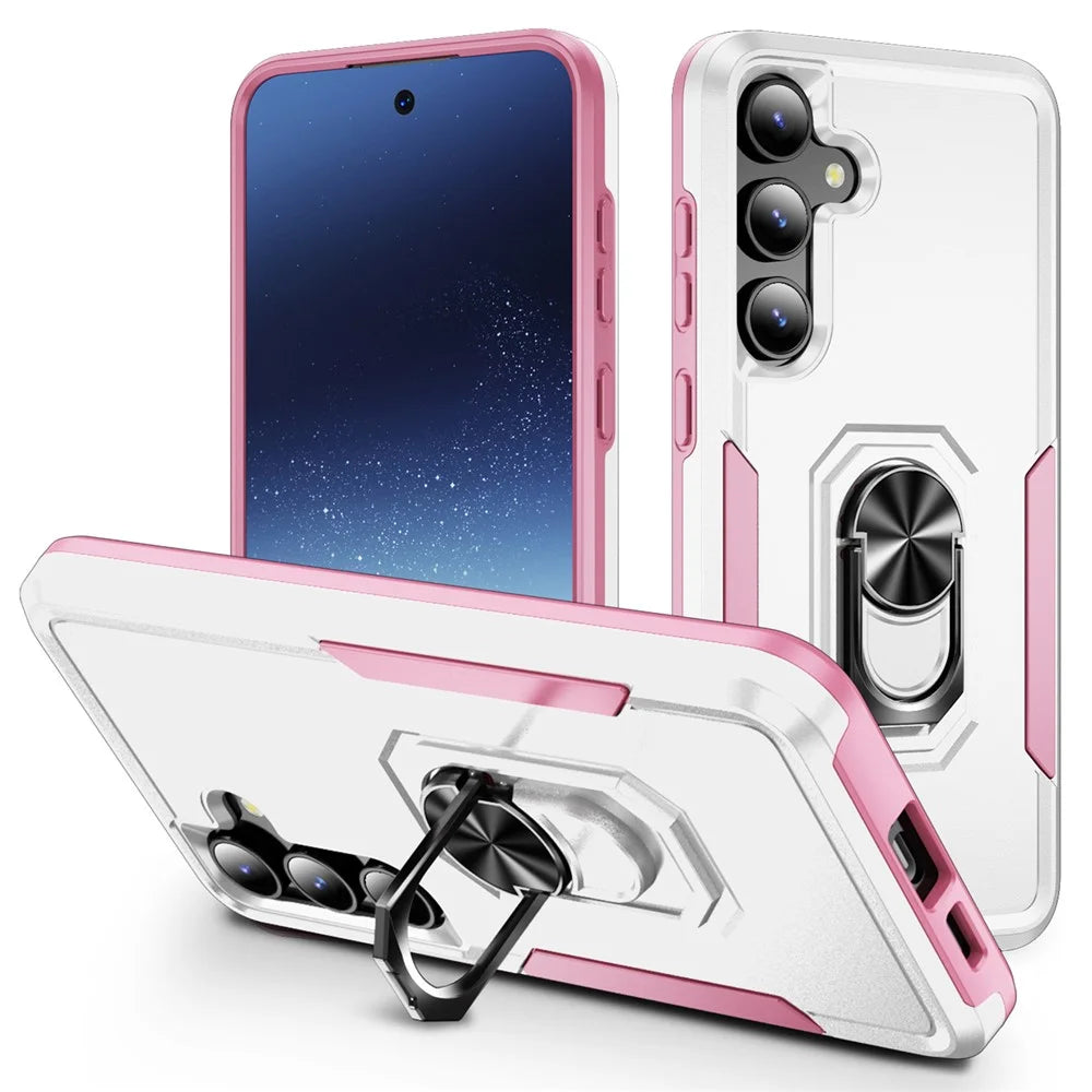 For Samsung Galaxy S24 FE Case Military Grade Ring Kickstand PC + TPU Phone Cover - White+Pink - 1