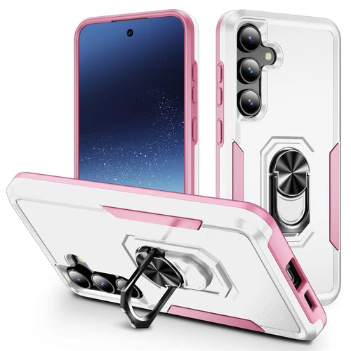 For Samsung Galaxy S24 FE Case Military Grade Ring Kickstand PC + TPU Phone Cover - White+Pink - 1