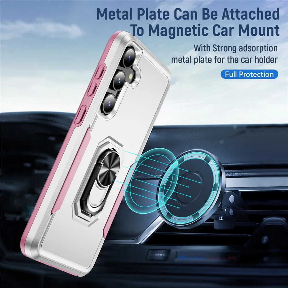 For Samsung Galaxy S24 FE Case Military Grade Ring Kickstand PC + TPU Phone Cover - White+Pink - 3