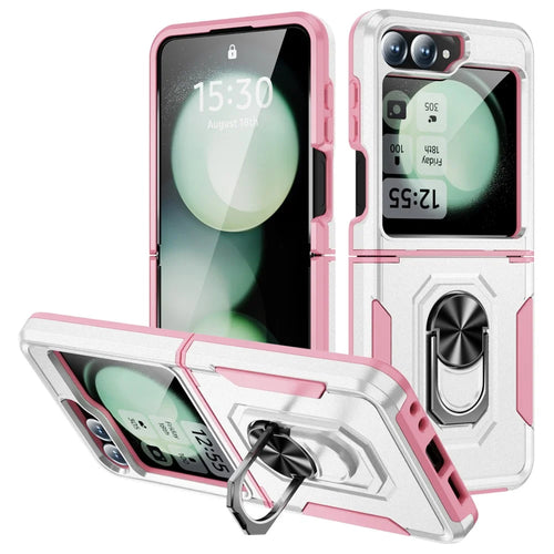 For Samsung Galaxy Z Flip7 FE 5G / Z Flip6 5G Case Military Grade Ring Kickstand PC + TPU Phone Cover - White + Pink - 1