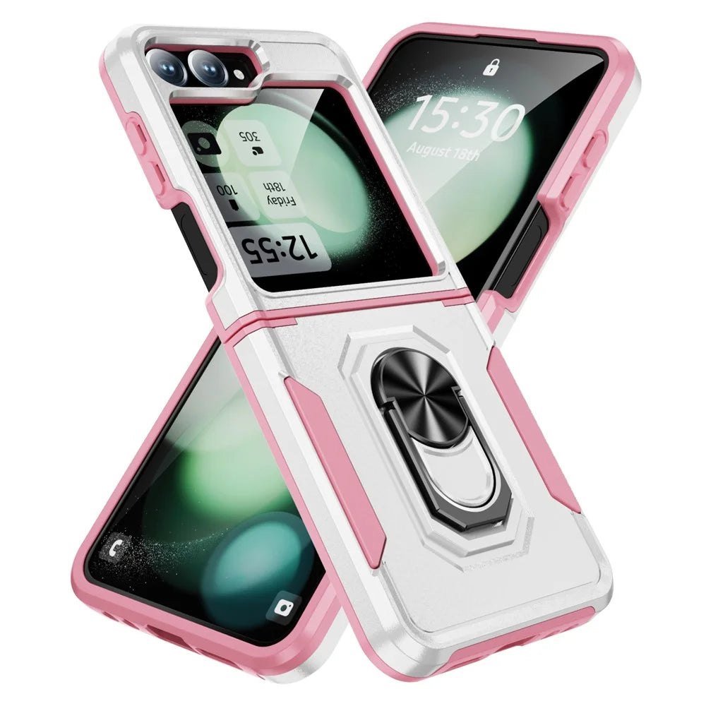 For Samsung Galaxy Z Flip7 FE 5G / Z Flip6 5G Case Military Grade Ring Kickstand PC + TPU Phone Cover - White + Pink - 2