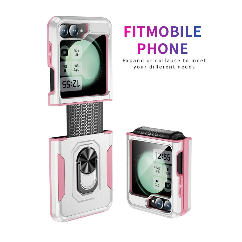 For Samsung Galaxy Z Flip7 FE 5G / Z Flip6 5G Case Military Grade Ring Kickstand PC + TPU Phone Cover - White + Pink - 3