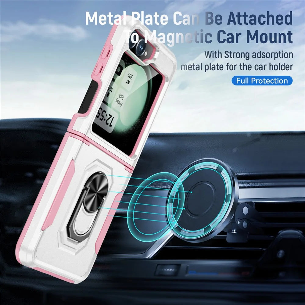For Samsung Galaxy Z Flip7 FE 5G / Z Flip6 5G Case Military Grade Ring Kickstand PC + TPU Phone Cover - White + Pink - 4