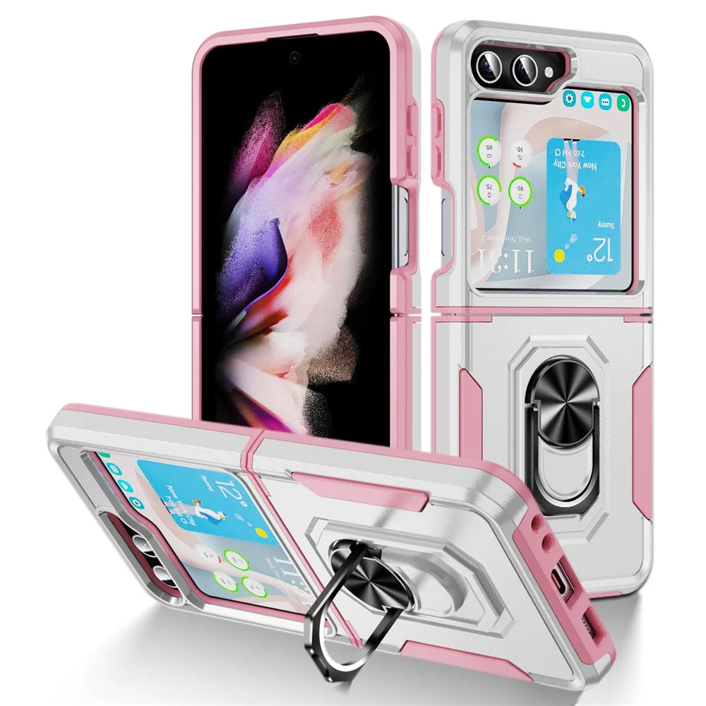 For Samsung Galaxy Z Flip5 5G Case Military Grade Ring Kickstand PC + TPU Phone Cover - White + Pink - 1