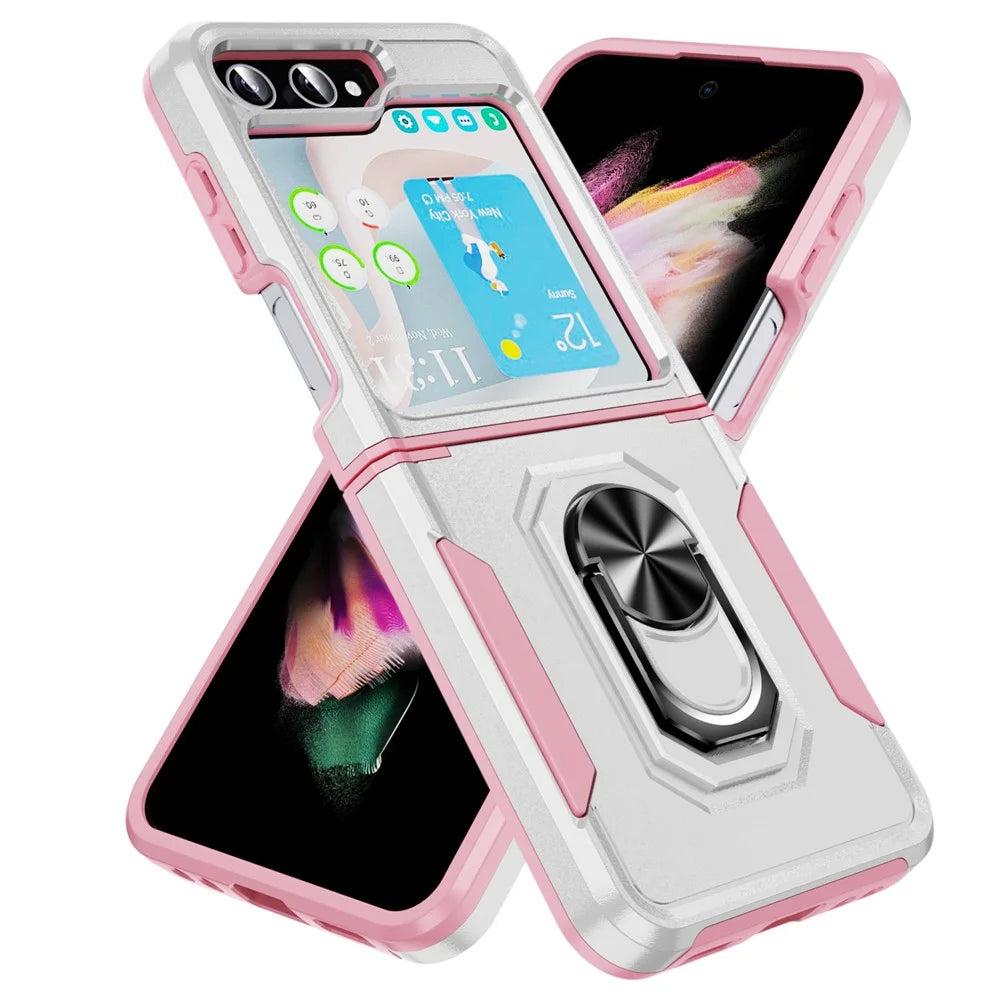 For Samsung Galaxy Z Flip5 5G Case Military Grade Ring Kickstand PC + TPU Phone Cover - White + Pink - 2