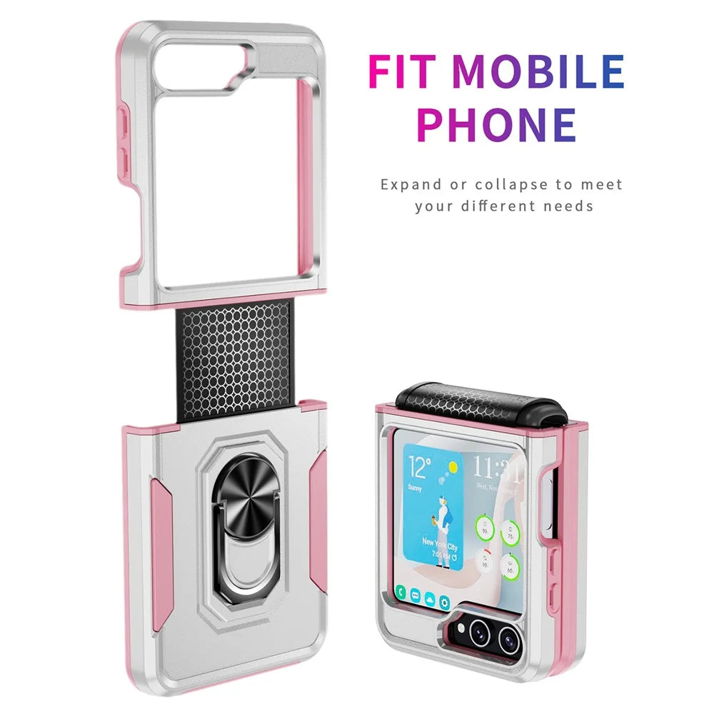 For Samsung Galaxy Z Flip5 5G Case Military Grade Ring Kickstand PC + TPU Phone Cover - White + Pink - 3