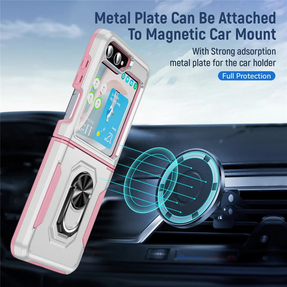 For Samsung Galaxy Z Flip5 5G Case Military Grade Ring Kickstand PC + TPU Phone Cover - White + Pink - 4