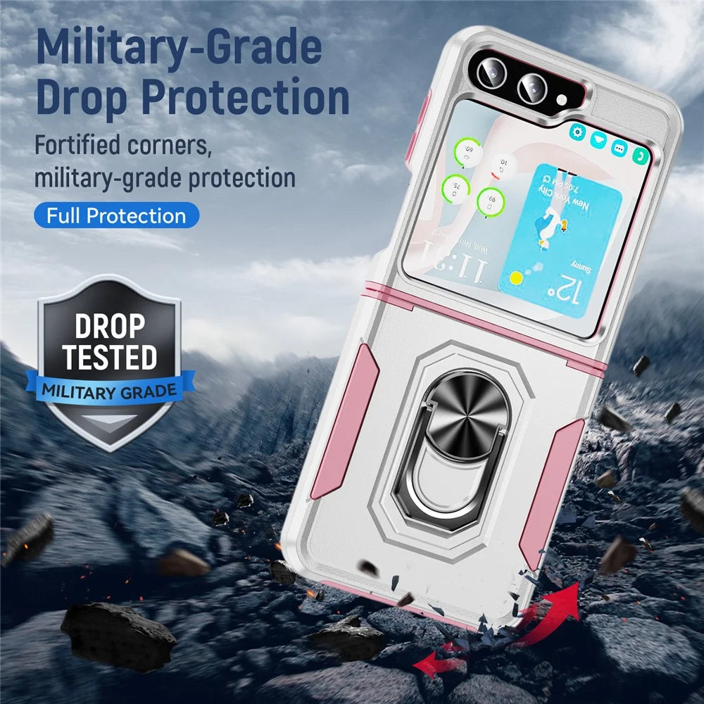 For Samsung Galaxy Z Flip5 5G Case Military Grade Ring Kickstand PC + TPU Phone Cover - White + Pink - 7