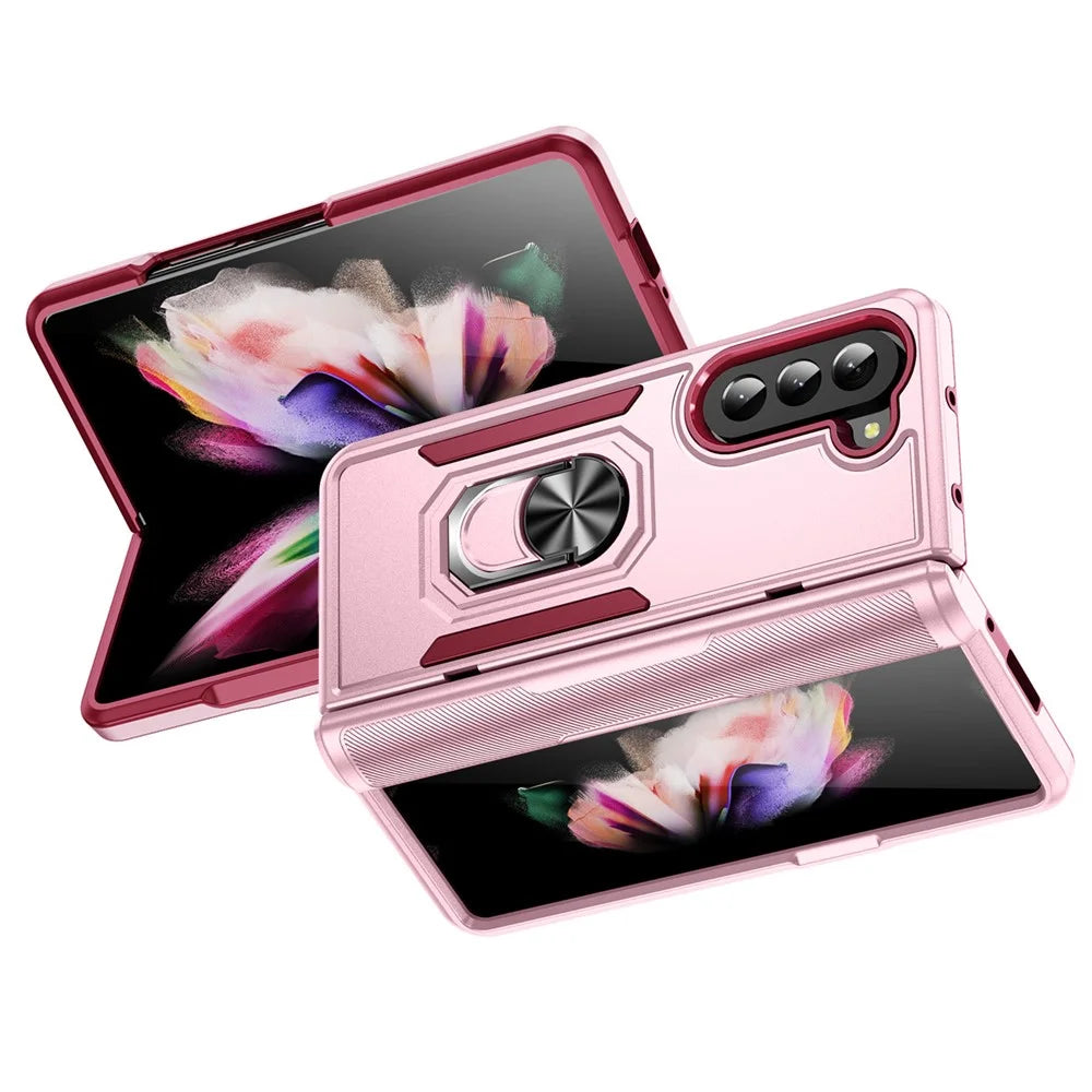 For Samsung Galaxy Z Fold5 5G Case Military Grade Ring Kickstand PC + TPU Phone Cover - Pink + Rose - 1