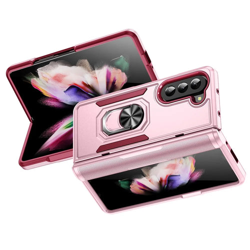 For Samsung Galaxy Z Fold5 5G Case Military Grade Ring Kickstand PC + TPU Phone Cover - Pink + Rose - 1