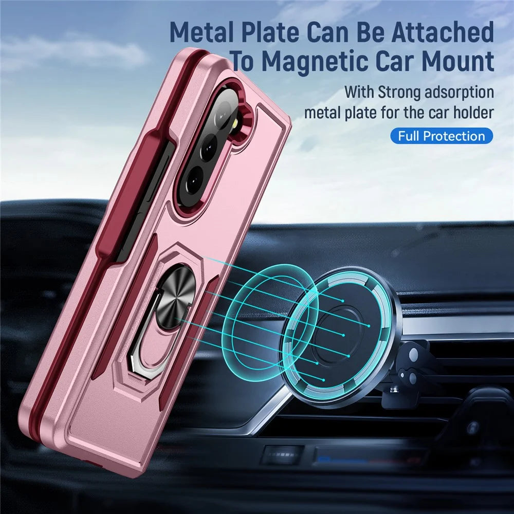 For Samsung Galaxy Z Fold5 5G Case Military Grade Ring Kickstand PC + TPU Phone Cover - Pink + Rose - 2