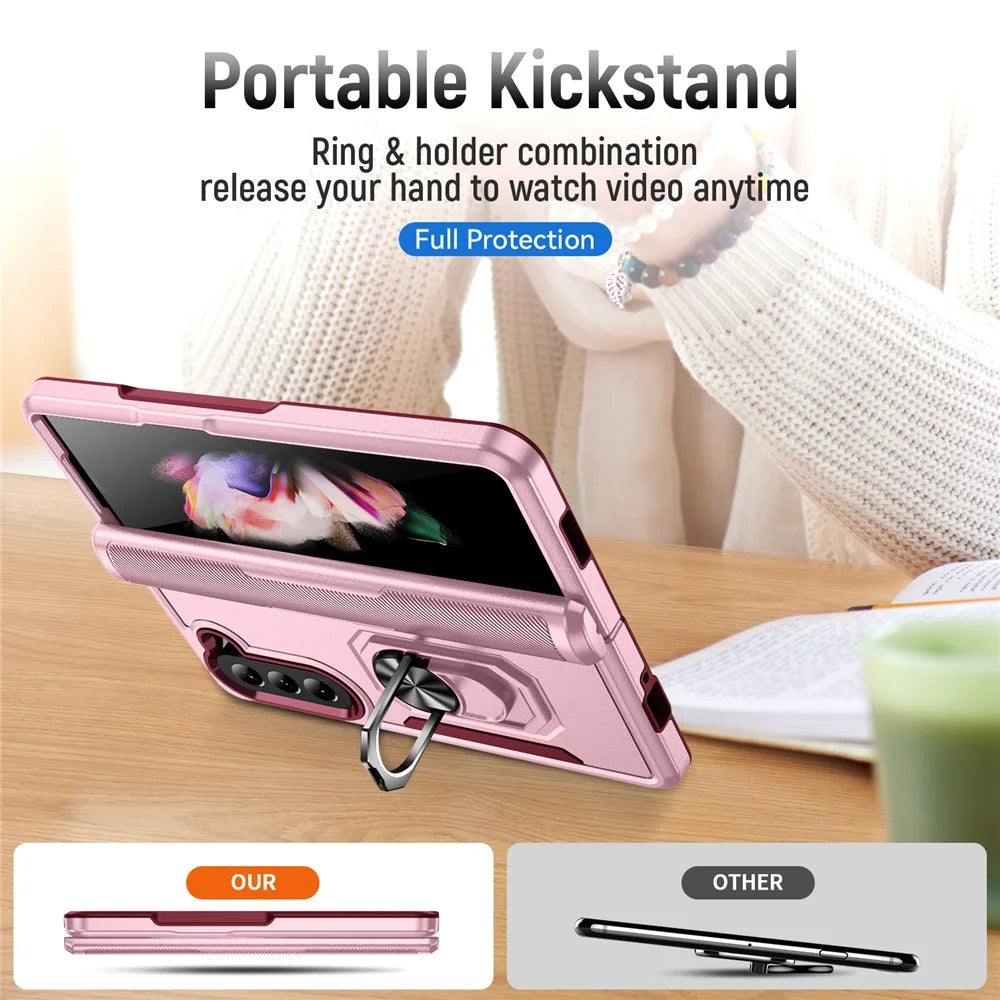For Samsung Galaxy Z Fold5 5G Case Military Grade Ring Kickstand PC + TPU Phone Cover - Pink + Rose - 3