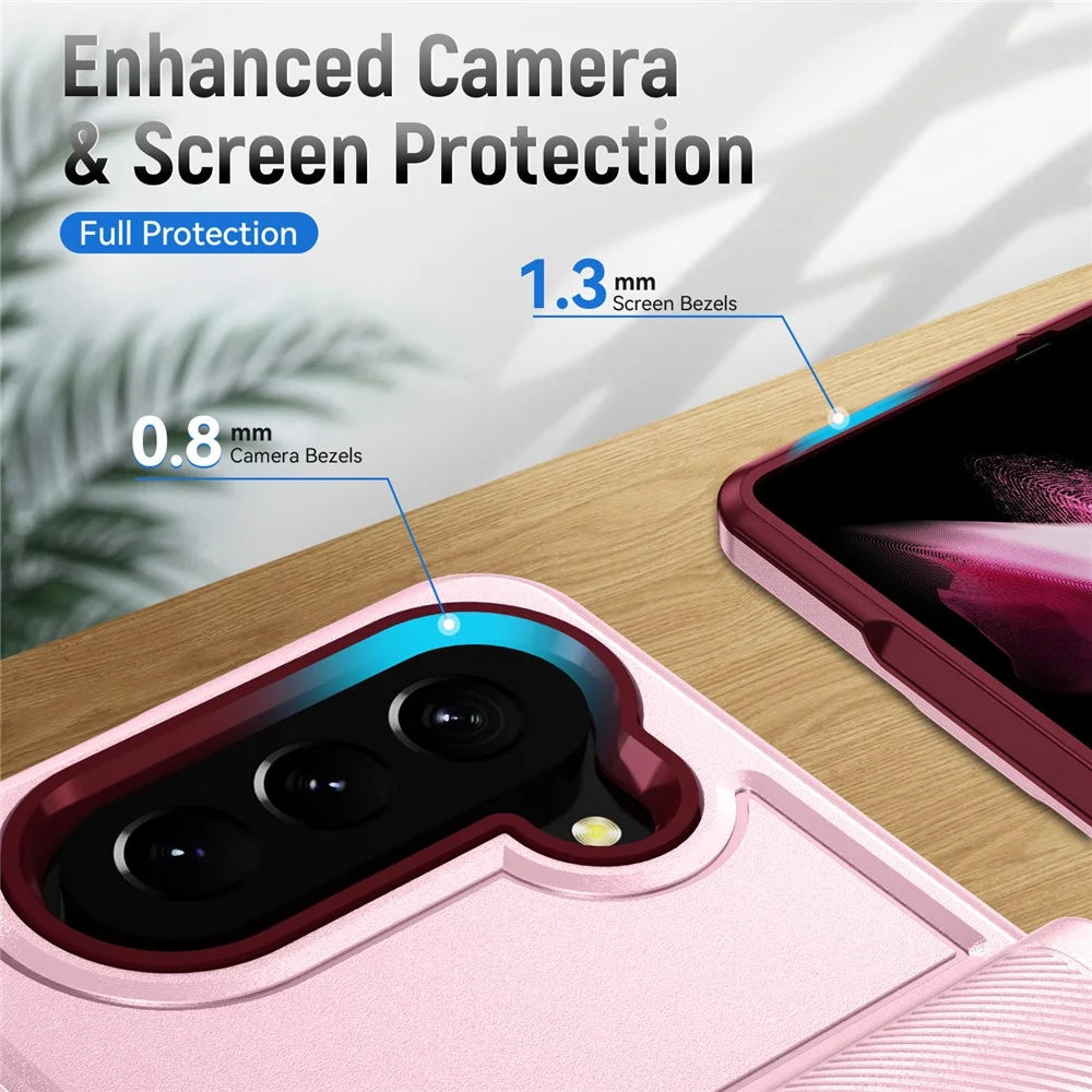 For Samsung Galaxy Z Fold5 5G Case Military Grade Ring Kickstand PC + TPU Phone Cover - Pink + Rose - 5
