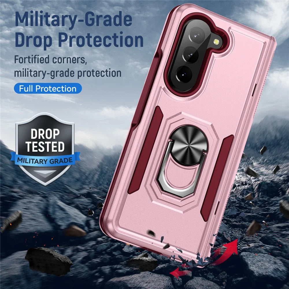 For Samsung Galaxy Z Fold5 5G Case Military Grade Ring Kickstand PC + TPU Phone Cover - Pink + Rose - 6