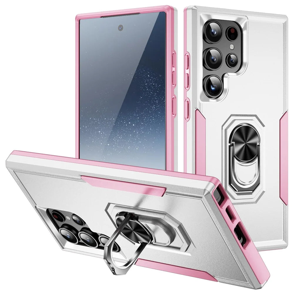 For Samsung Galaxy S24 Ultra Case Military Grade Ring Kickstand PC + TPU Phone Cover - White + Pink - 1