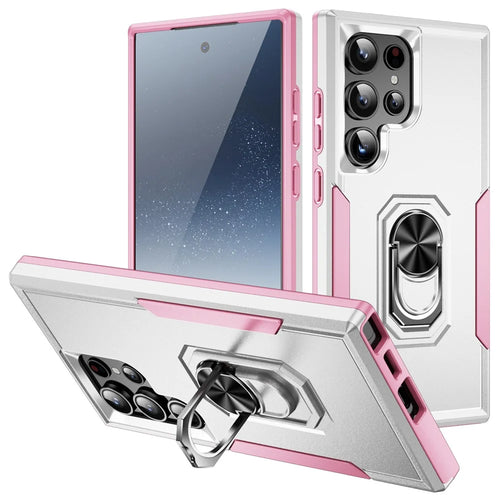 For Samsung Galaxy S24 Ultra Case Military Grade Ring Kickstand PC + TPU Phone Cover - White + Pink - 1
