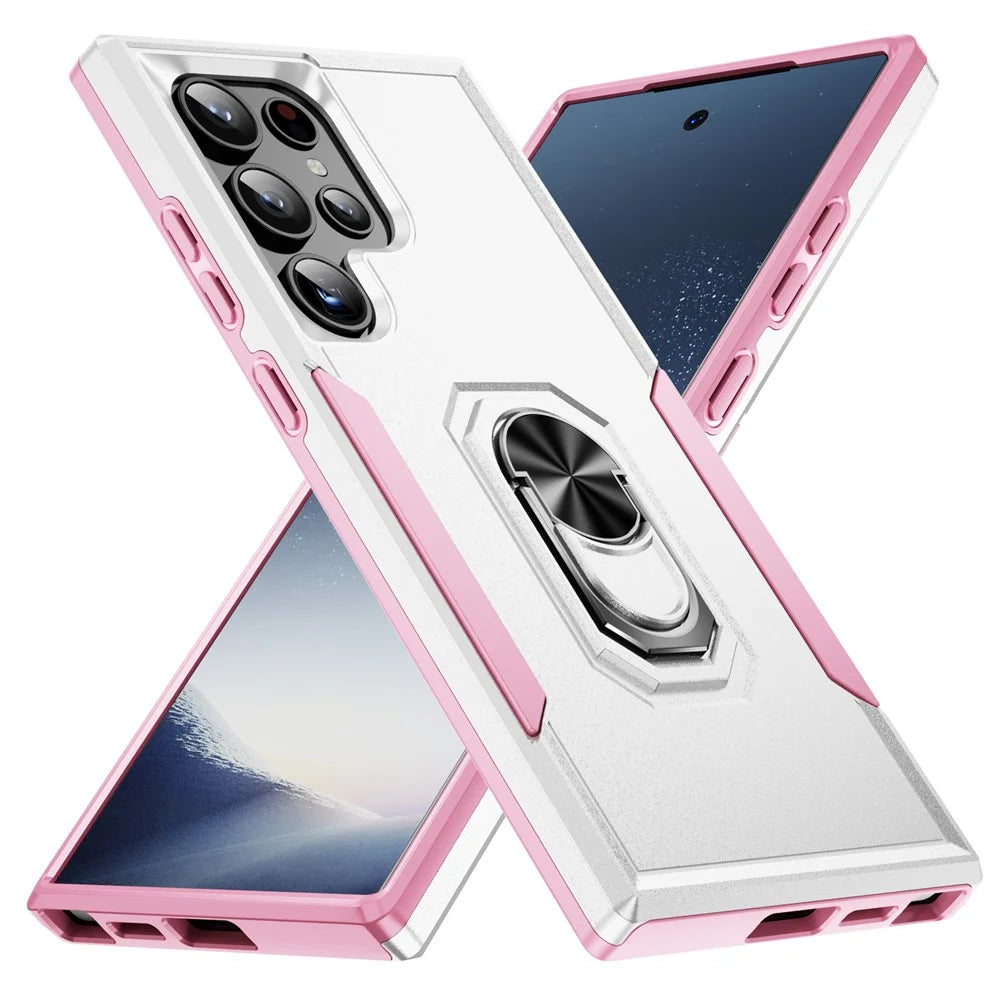 For Samsung Galaxy S24 Ultra Case Military Grade Ring Kickstand PC + TPU Phone Cover - White + Pink - 2