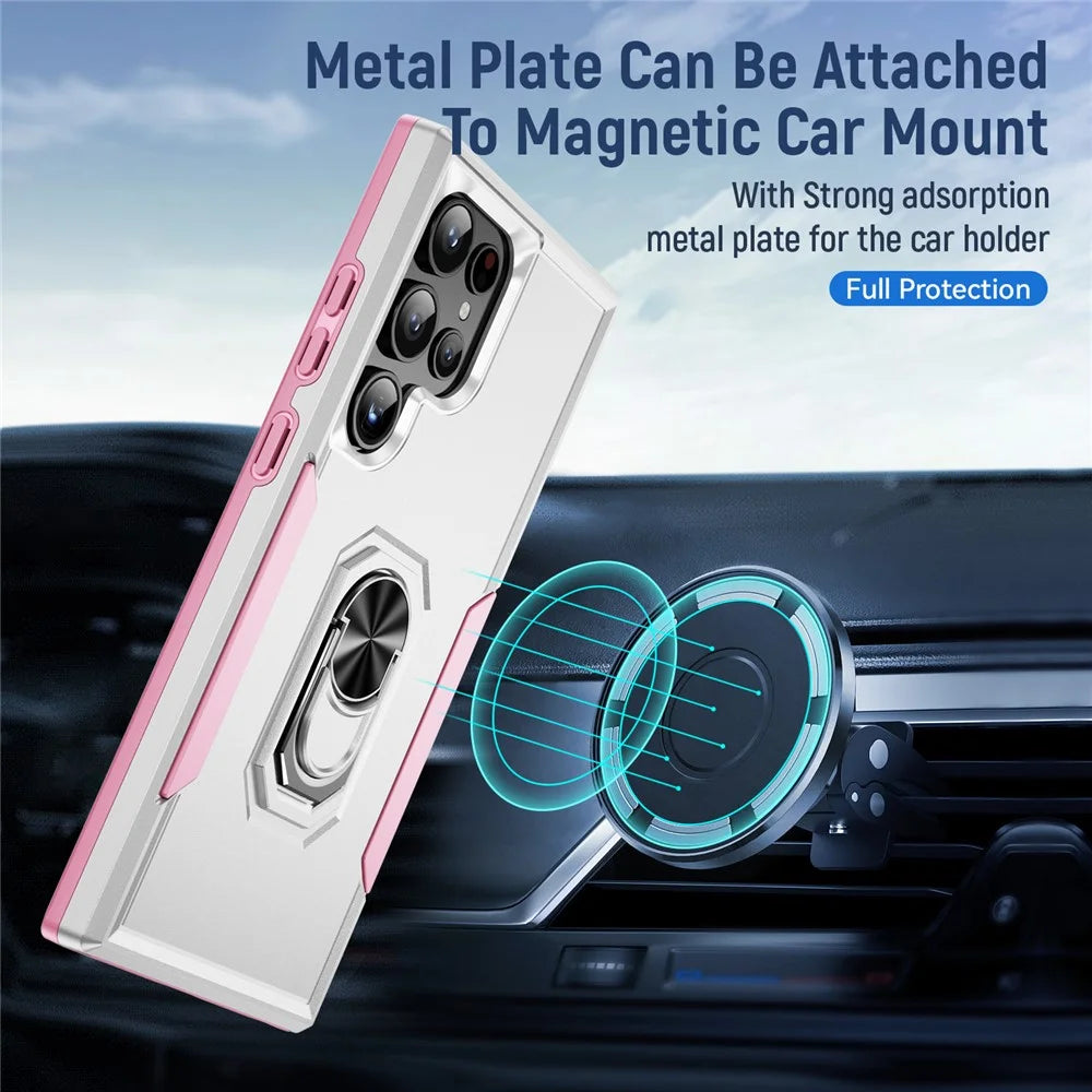 For Samsung Galaxy S24 Ultra Case Military Grade Ring Kickstand PC + TPU Phone Cover - White + Pink - 3