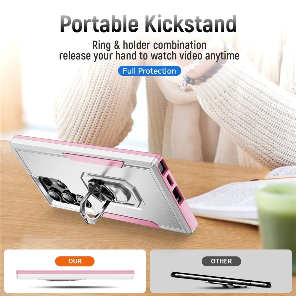 For Samsung Galaxy S24 Ultra Case Military Grade Ring Kickstand PC + TPU Phone Cover - White + Pink - 4