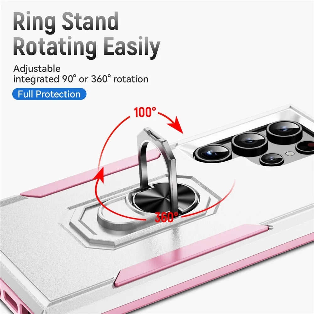 For Samsung Galaxy S24 Ultra Case Military Grade Ring Kickstand PC + TPU Phone Cover - White + Pink - 5
