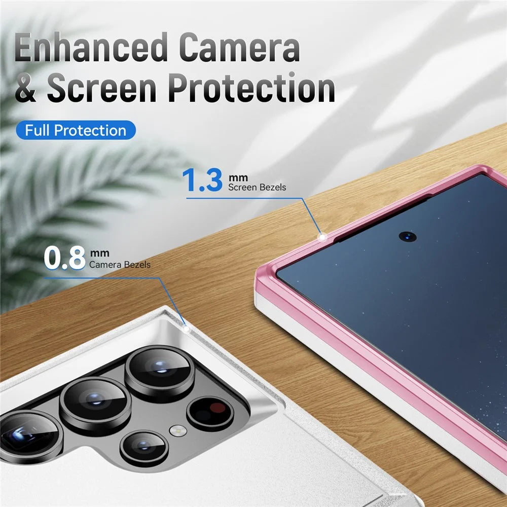 For Samsung Galaxy S24 Ultra Case Military Grade Ring Kickstand PC + TPU Phone Cover - White + Pink - 6