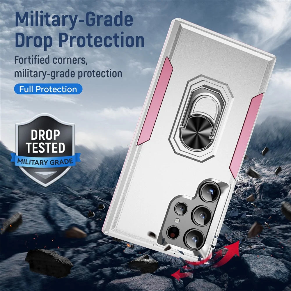 For Samsung Galaxy S24 Ultra Case Military Grade Ring Kickstand PC + TPU Phone Cover - White + Pink - 7