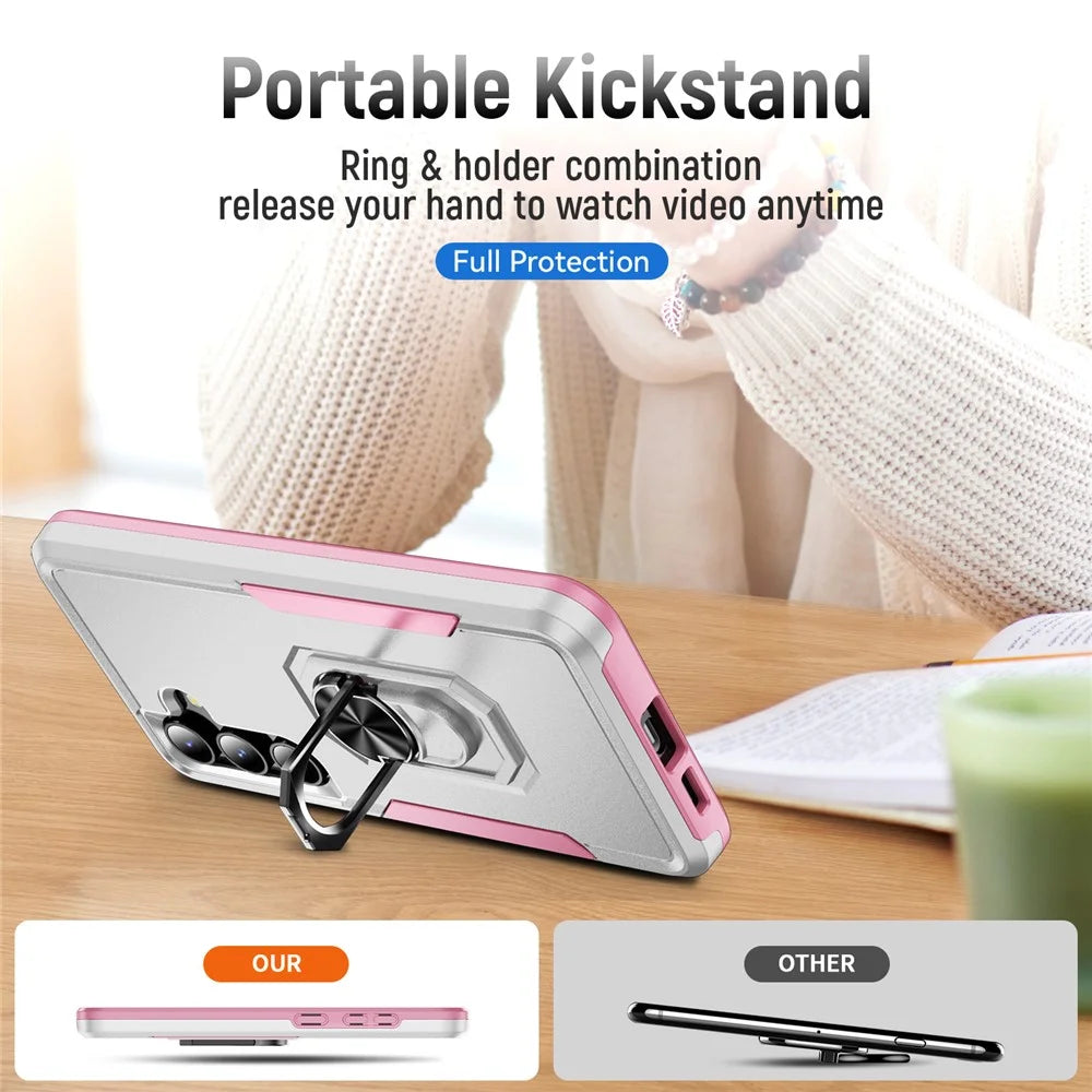 For Samsung Galaxy S25 / S24 Case Military Grade Ring Kickstand PC + TPU Phone Cover - White + Pink - 4