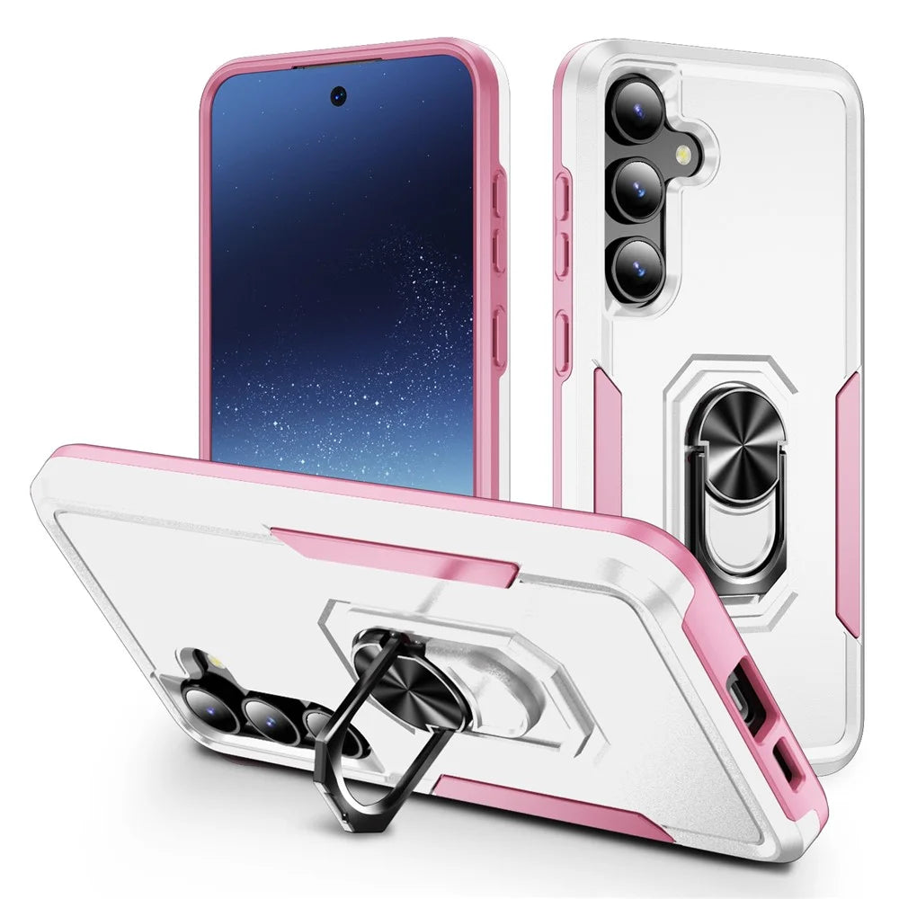 For Samsung Galaxy S25+ / S24+ Case Military Grade Ring Kickstand PC + TPU Phone Cover - White + Pink - 1