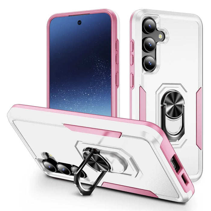 For Samsung Galaxy S25+ / S24+ Case Military Grade Ring Kickstand PC + TPU Phone Cover - White + Pink - 1