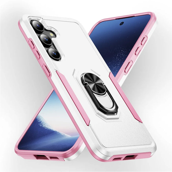 For Samsung Galaxy S25+ / S24+ Case Military Grade Ring Kickstand PC + TPU Phone Cover - White + Pink - 2