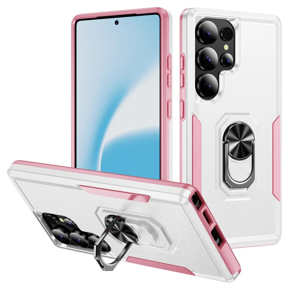 For Samsung Galaxy S25 Ultra Case Military Grade Ring Kickstand PC+TPU Phone Cover - White+Pink - 1