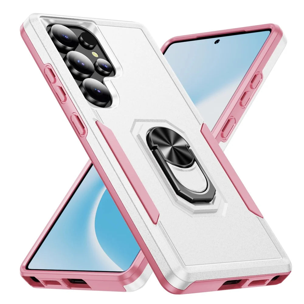 For Samsung Galaxy S25 Ultra Case Military Grade Ring Kickstand PC+TPU Phone Cover - White+Pink - 2