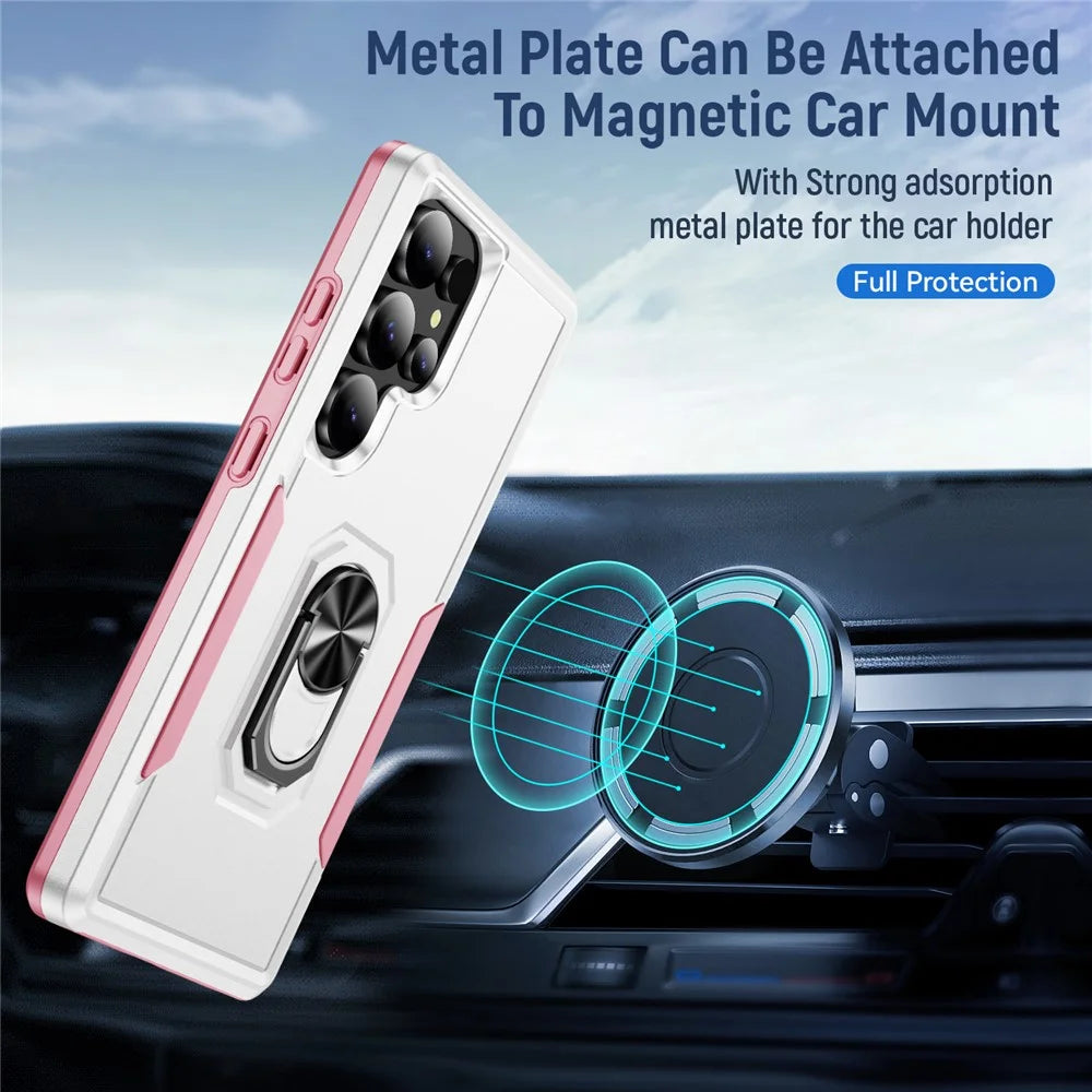 For Samsung Galaxy S25 Ultra Case Military Grade Ring Kickstand PC+TPU Phone Cover - White+Pink - 3