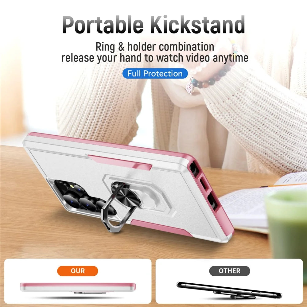 For Samsung Galaxy S25 Ultra Case Military Grade Ring Kickstand PC+TPU Phone Cover - White+Pink - 4