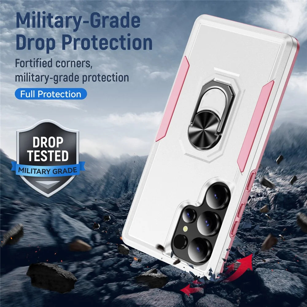 For Samsung Galaxy S25 Ultra Case Military Grade Ring Kickstand PC+TPU Phone Cover - White+Pink - 6