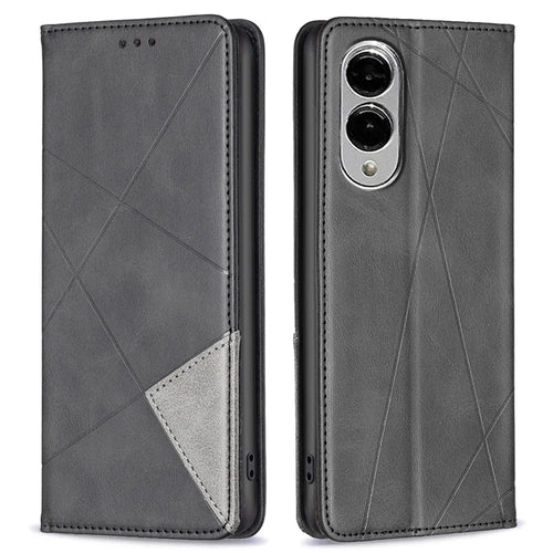 For Samsung Galaxy S25 Edge Case Card Slots Geometry Imprint Leather Phone Cover - Black - 1