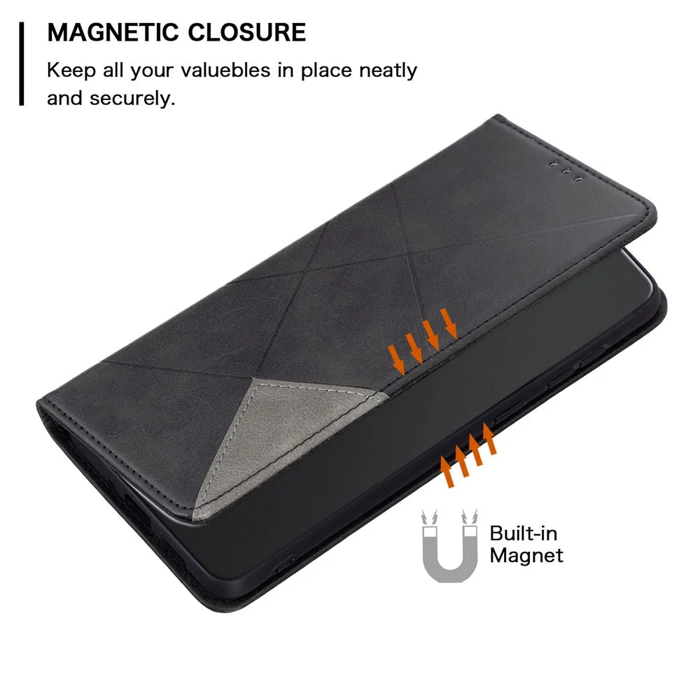 For Samsung Galaxy S25 Edge Case Card Slots Geometry Imprint Leather Phone Cover - Black - 5