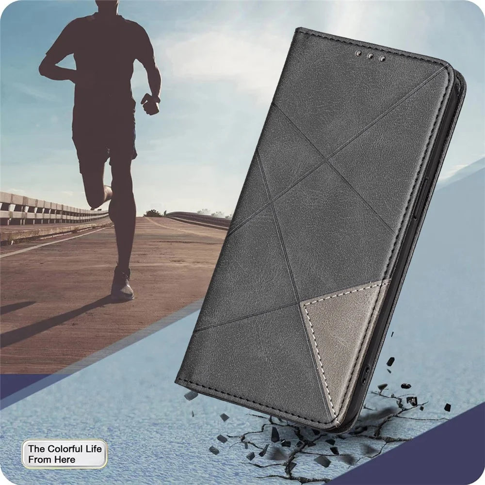 For Samsung Galaxy S25 Edge Case Card Slots Geometry Imprint Leather Phone Cover - Black - 6