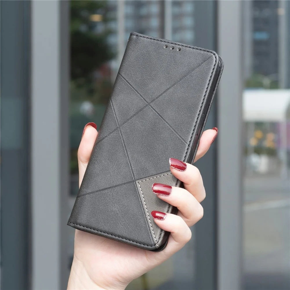 For Samsung Galaxy S25 Edge Case Card Slots Geometry Imprint Leather Phone Cover - Black - 7
