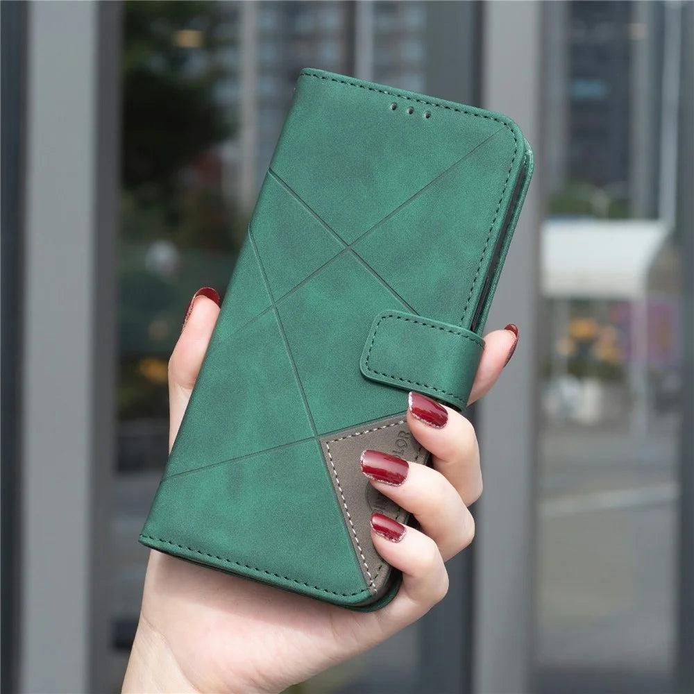 BINFEN COLOR For Samsung Galaxy S25 Edge Phone Cases Wallet Stand Geometry Imprint Leather Cover - Green - 6