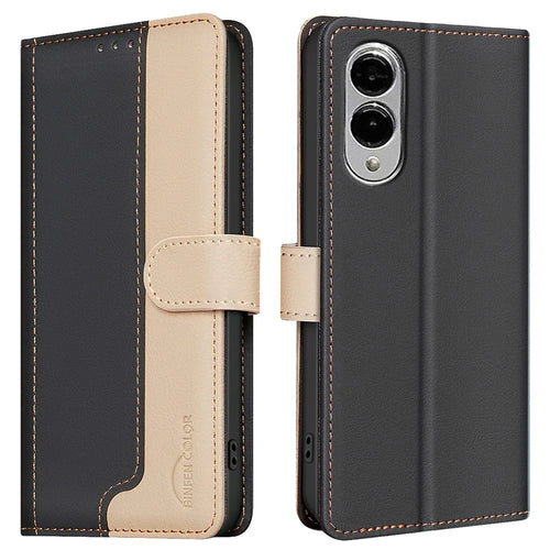 BINFEN COLOR BF33 for Samsung Galaxy S25 Edge Leather Case Splicing Color RFID Blocking Wallet Stand Phone Cover - Black - 1