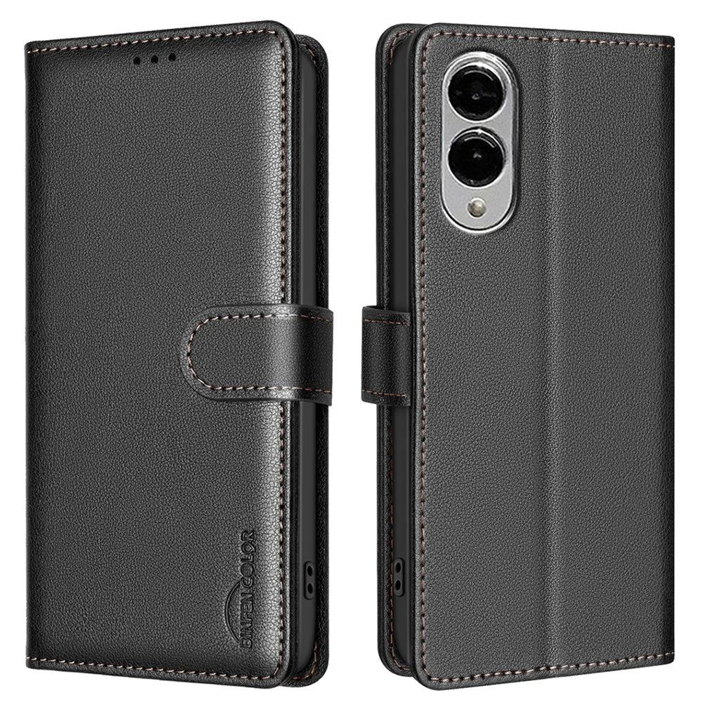 BINFEN COLOR BF32 For Samsung Galaxy S25 Edge Leather Case Wallet RFID Blocking Phone Cover - Black - 1