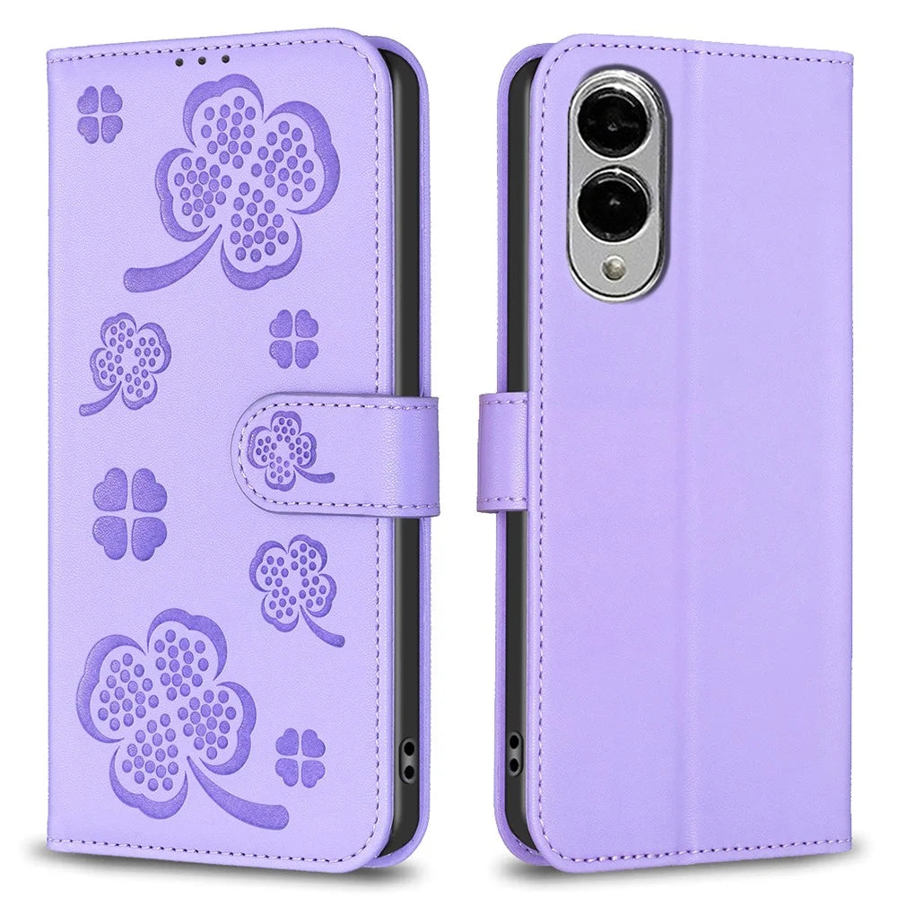 For Samsung Galaxy S25 Edge Case Clover Pattern Wallet Stand View Leather Phone Cover - Purple - 1
