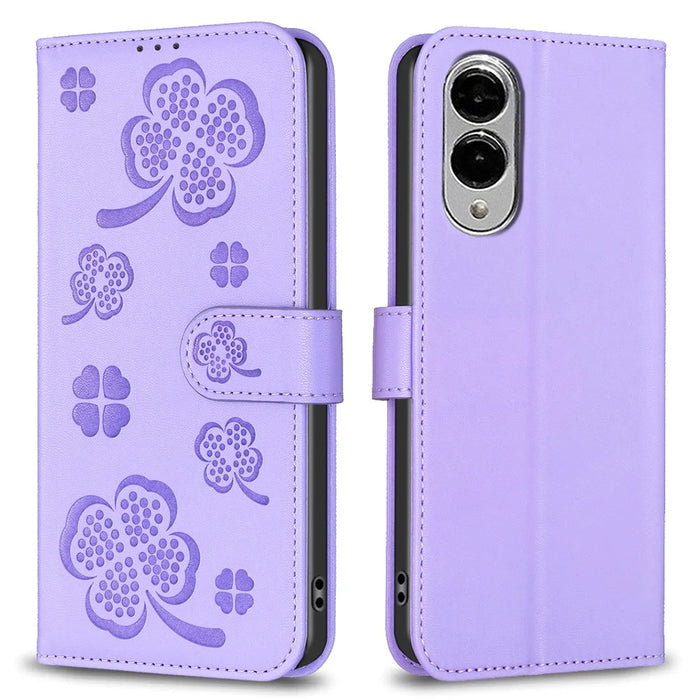 For Samsung Galaxy S25 Edge Case Clover Pattern Wallet Stand View Leather Phone Cover - Purple - 1