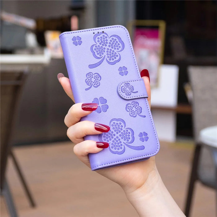 For Samsung Galaxy S25 Edge Case Clover Pattern Wallet Stand View Leather Phone Cover - Purple - 7
