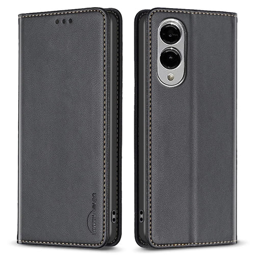 BINFEN COLOR BF18 For Samsung Galaxy S25 Edge Leather Case Card Slots Phone Cover - Black - 1